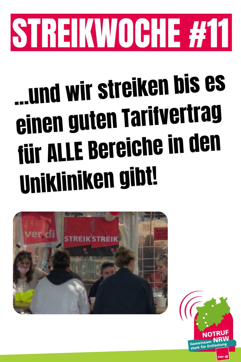 🚨Wir starten in Streikwoche 11! 

Niemand hat damit gerechnet, dass es so lange dauert, um unsere Forderungen durchzusetzen.

Dabei fordern wir nur eine Verbesserung der Arbeitsbedingungen und eine gute Versorgungsqualität an den Unikliniken.
Personalmangel tötet! 
#NotrufNRW