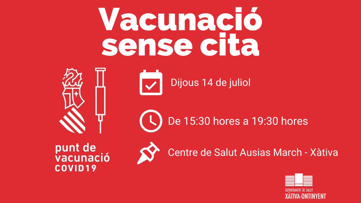 GVAdsxo's tweet photo. Aquesta vesprada pots vacunar-te sense cita contra la #COVID19 al centre de salut Ausiàs March de #Xàtiva @GVAsanitat https://t.co/F9UD3rHzRR
