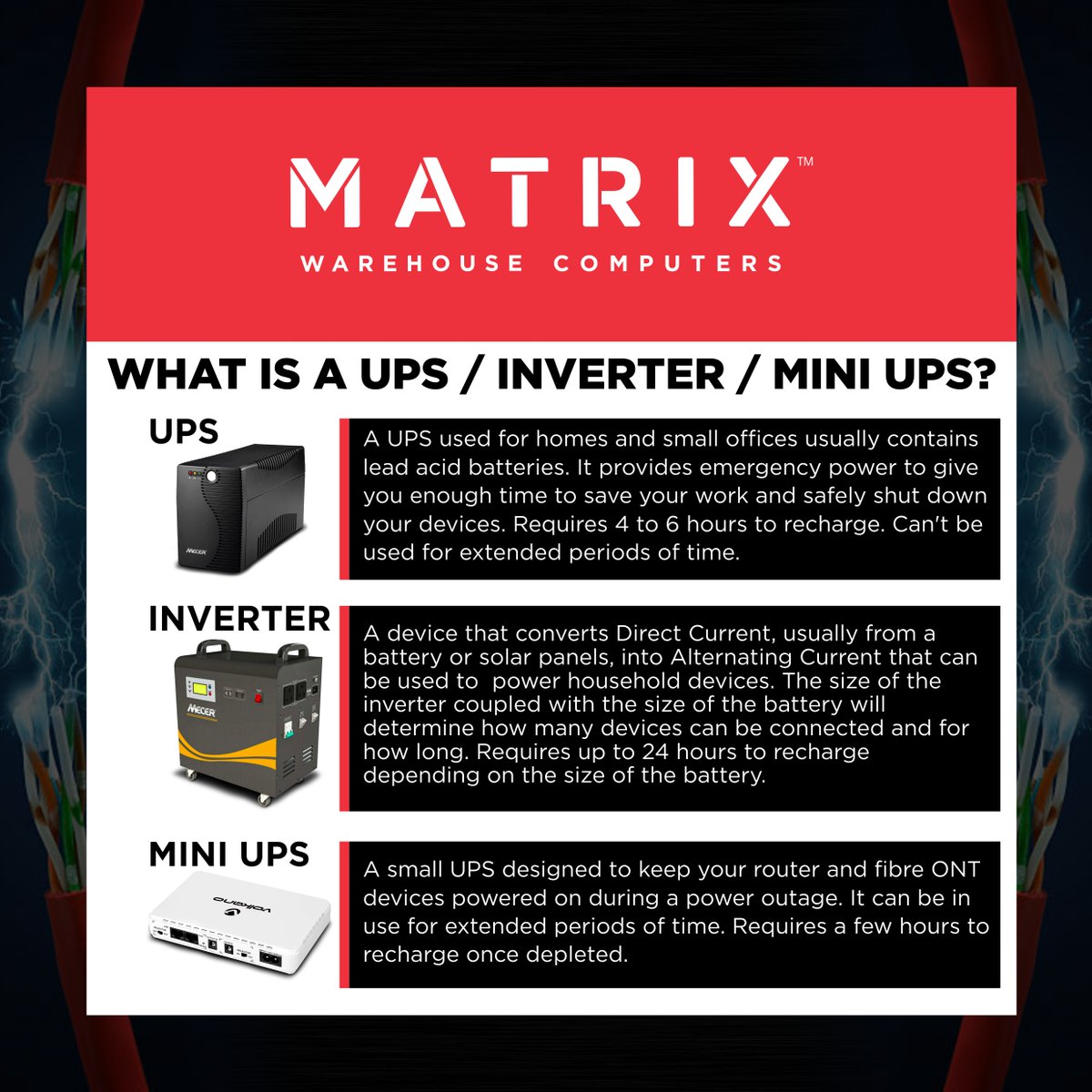 MatrixWarehouse's tweet photo. #Matrixwarehouse #Power up your #Home or #Office with a Backup Power.🙂
Choose which #Backup #Power suites your Home or office during Load Shedding times.
Shop🛒 Now!😎👉https://t.co/B1URr5WUVg
#Matrixwarehouse #Online #UPS #Invertor #Powerbank #MiniUPS #Innovation https://t.co/K0pLKQg7VJ