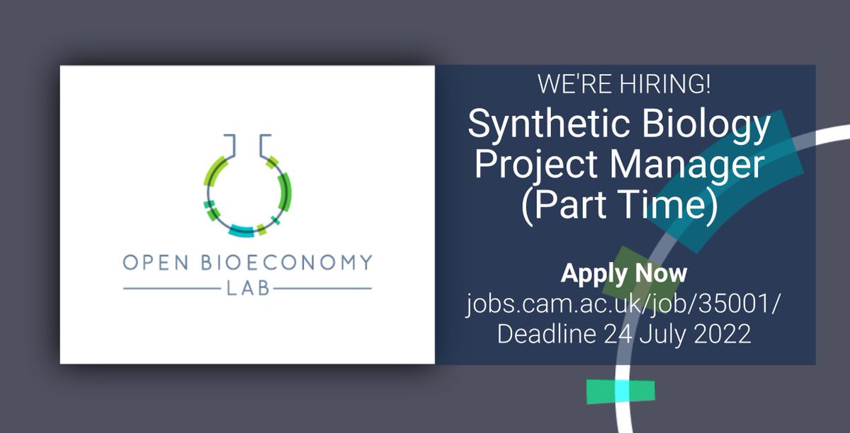 Open Bioeconomy Lab (@openbioeconomy) on Twitter photo We're hiring a project manager! Join <a href="/openbioeconomy/">Open Bioeconomy Lab</a> working with <a href="/jenny_molloy/">Jenny Molloy</a> to support the adoption and impact of our #opensource DNA toolkits. PT role based <a href="/cebcambridge/">CEB Cambridge</a>. Deadline 24 July, contact jcm80@cam.ac.uk for enquiries! #synbio #openscience jobs.cam.ac.uk/job/35001/ We're hiring a project manager! Join <a href="/openbioeconomy/">Open Bioeconomy Lab</a> working with <a href="/jenny_molloy/">Jenny Molloy</a> to support the adoption and impact of our #opensource DNA toolkits. PT role based <a href="/cebcambridge/">CEB Cambridge</a>. Deadline 24 July, contact jcm80@cam.ac.uk for enquiries! #synbio #openscience jobs.cam.ac.uk/job/35001/