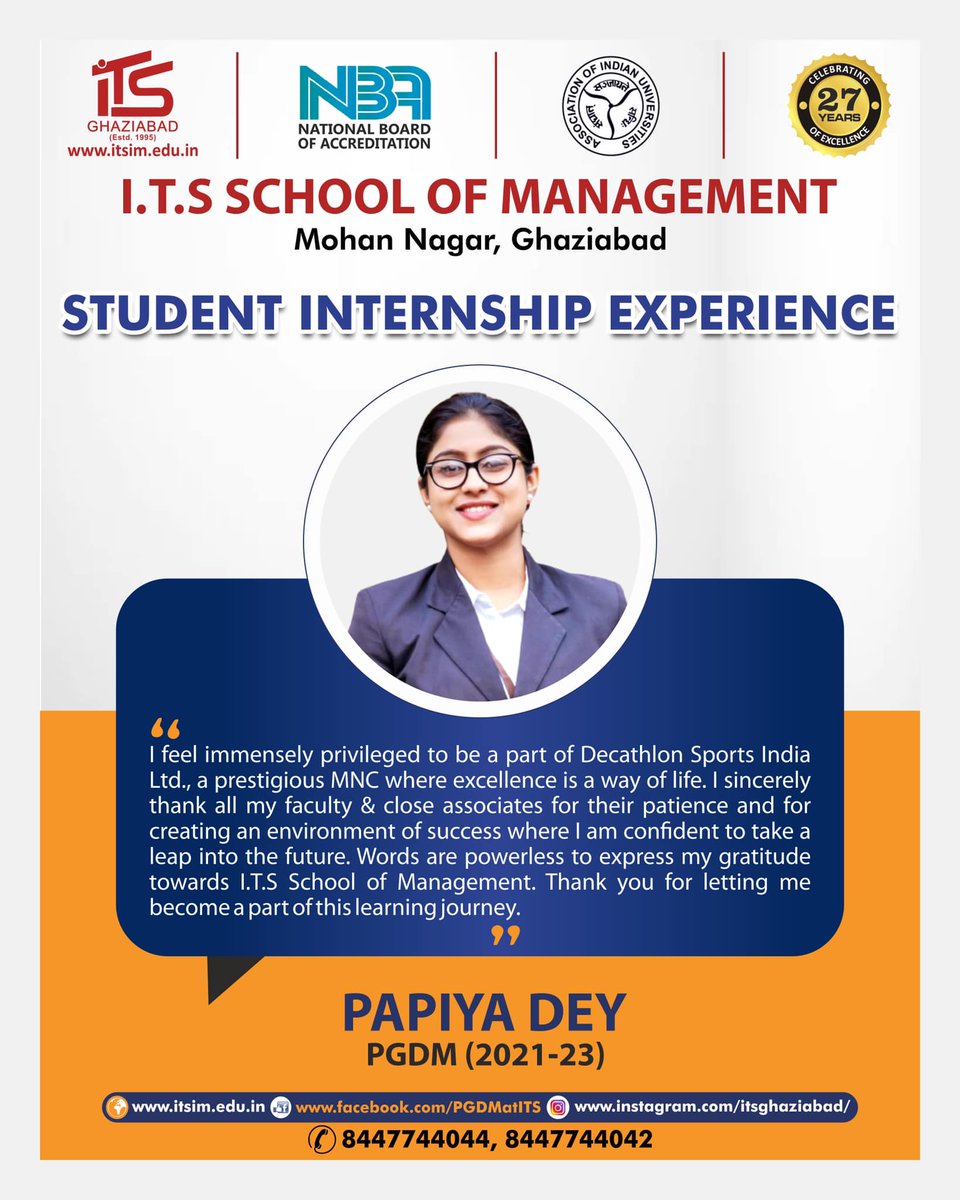 ITSMohanNagar's tweet photo. Internship Experience shared by PGDM (2021-23) batch student.
More info: https://t.co/RTDHU0ZacO

#ITS #ITSCollege #ITSMohanNagar #ITSGhaziabad #ITSCollegeGhaziabad #ITS_PGCampus 
#PGDM #PGDM_Admission #PGDMCollege #PGDMCourse #PGDM_Eligibility #PGDMCourseDetails https://t.co/LYpEXX9zPR