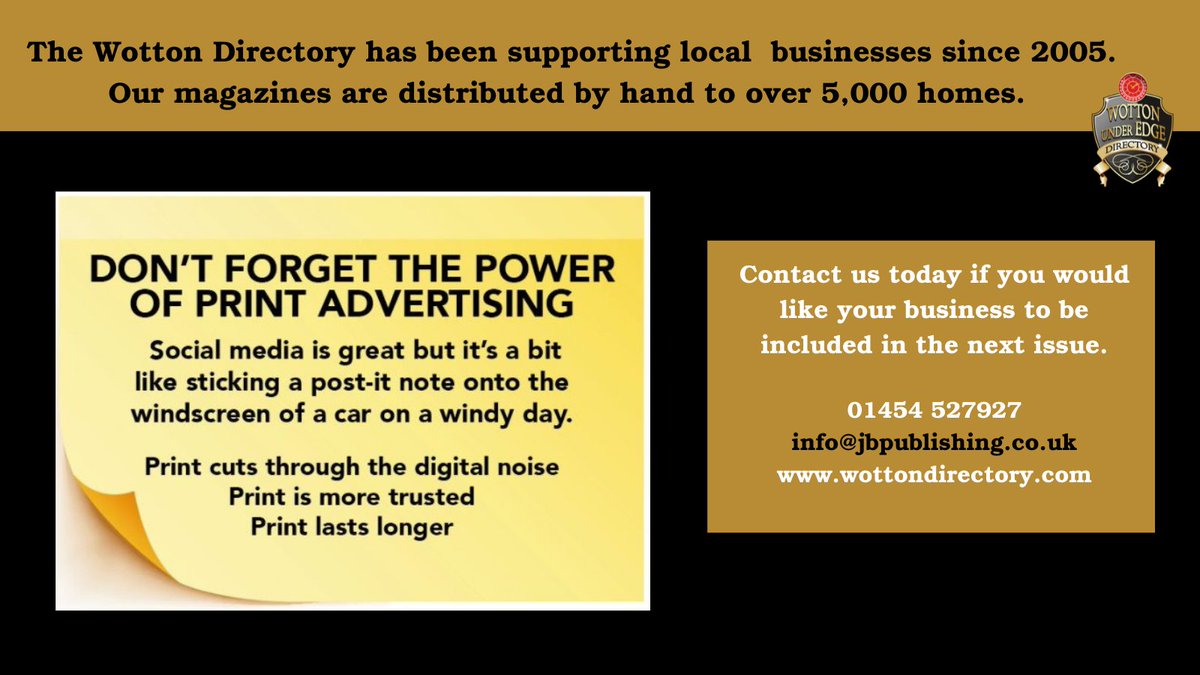 WottonDirectory's tweet photo. The AUGUST booking deadline is fast approaching. Give us a call on 01454 527927 or email info@jbpublishing.co.uk if you would like your business included. 
Our magazine is hand-delivered to over 5,000 homes in the Wotton and surrounding villages. https://t.co/y1NfO1ejRA