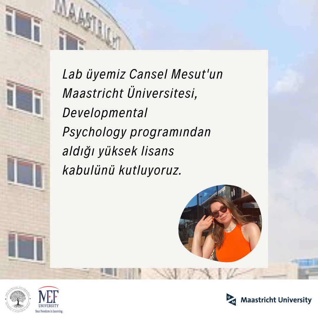 Mefclinical's tweet photo. Lab üyemiz Cansel Mesut'un Maastricht Üniversitesi, Developmental Psychology programından aldığı yüksek lisans kabulünü kutluyoruz. @MEFPsychology @MEFuniversitesi @Muhammed__Sahin https://t.co/tzXs4hOdDX