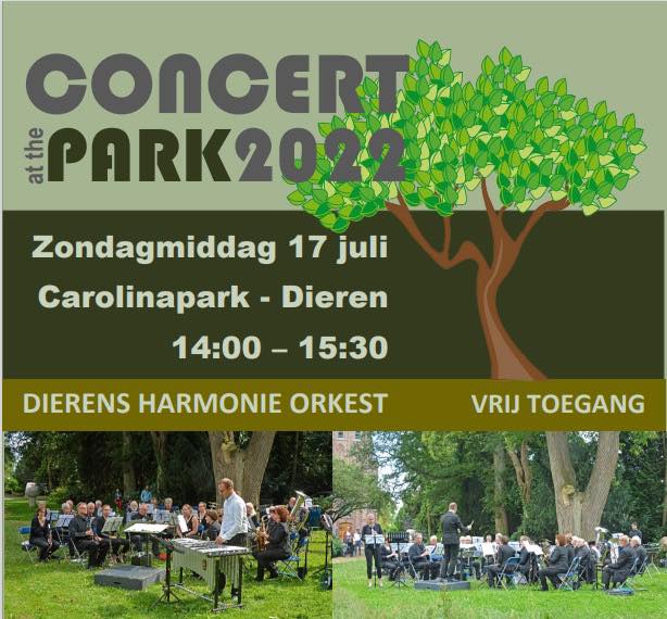 Zondagmiddag 17 juli ‘Concert at the Park’ in het prachtige Carolinapark in Dieren. Geniet in ongedwongen  sfeer van de muziek, het park en elkaar! Aanvang 14:00 uur.