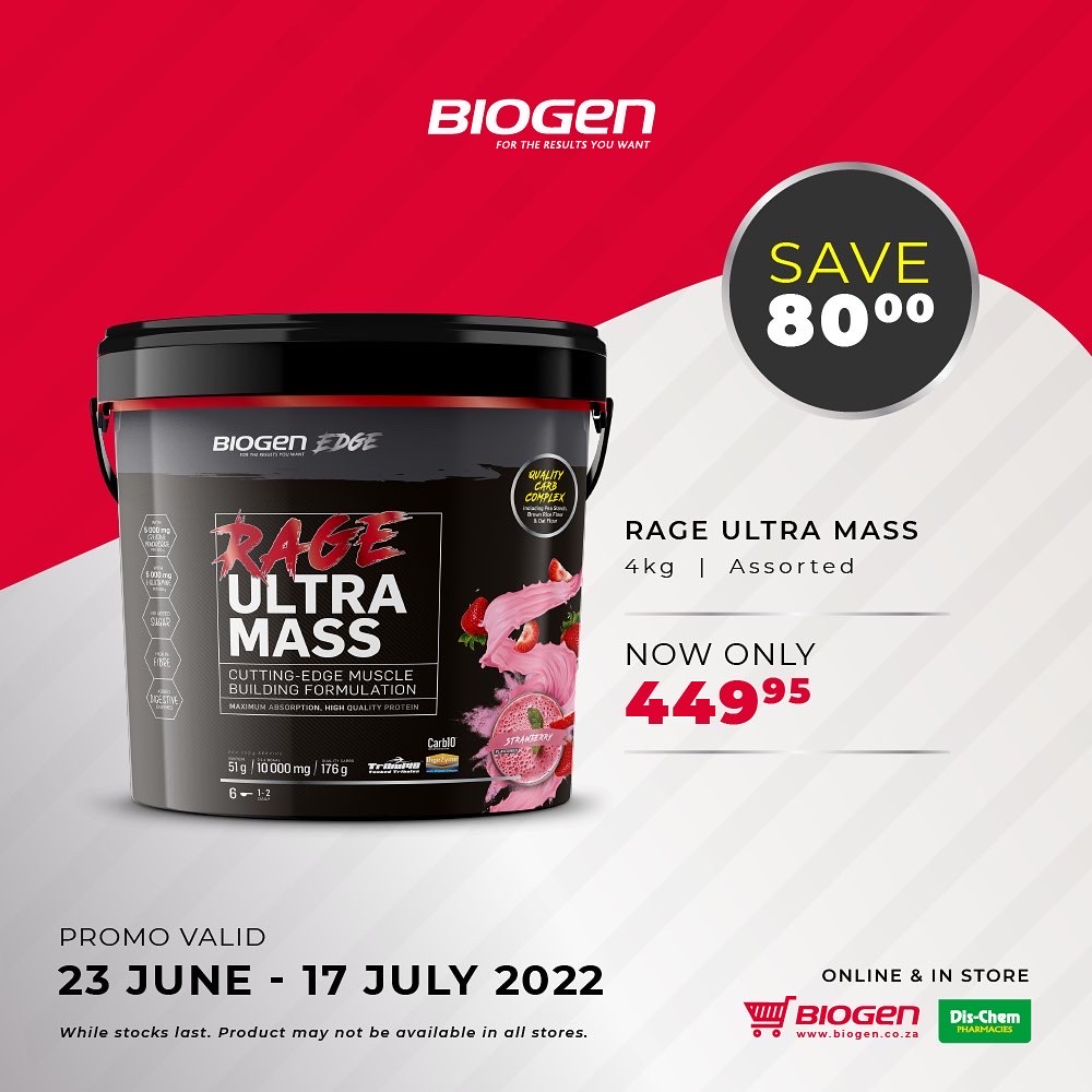 BiogenSA's tweet photo. Unleash your BEST with our #biogenrage performance series 🏆💪
ON SALE: Until 17 July
💥 ENERGY 2.0 - Save R40
💥 TESTO – 120’S - Save R40
💥 AMINO 12:1:1 - Save R40
💥 ULTRA MASS – 4KG - Save R80
🛒 @Dischem @Dischem_LiveFit
#beyourbest #biogenrage https://t.co/AfMqDHOUJt