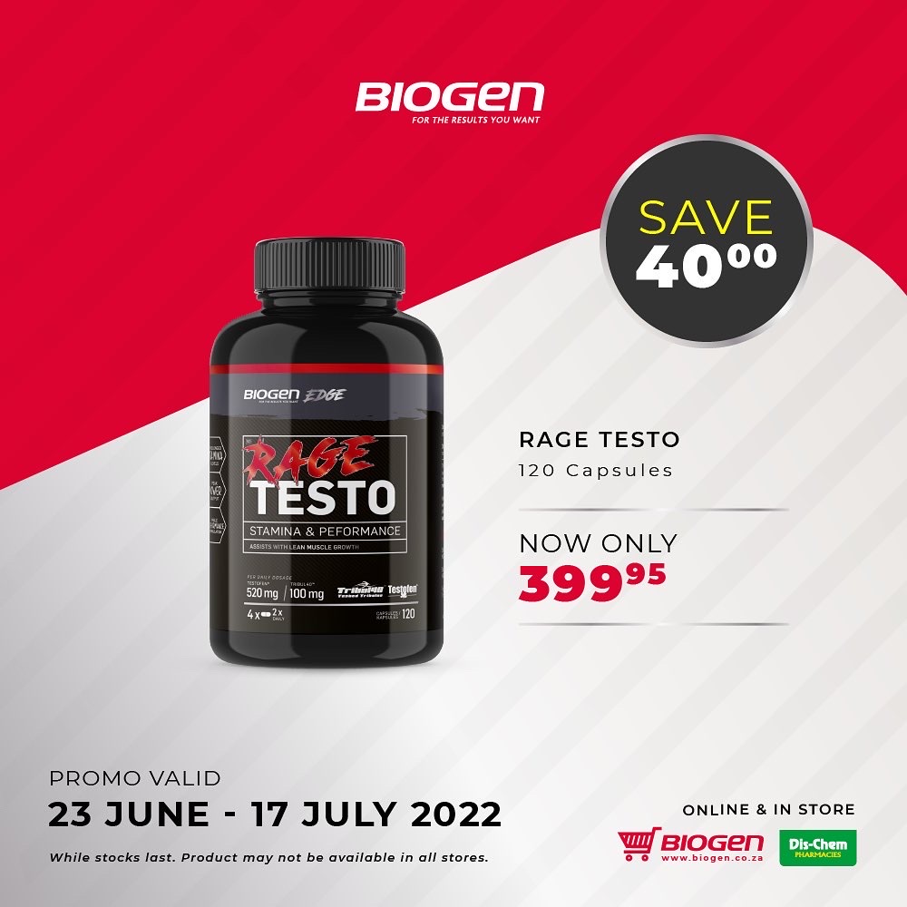 BiogenSA's tweet photo. Unleash your BEST with our #biogenrage performance series 🏆💪
ON SALE: Until 17 July
💥 ENERGY 2.0 - Save R40
💥 TESTO – 120’S - Save R40
💥 AMINO 12:1:1 - Save R40
💥 ULTRA MASS – 4KG - Save R80
🛒 @Dischem @Dischem_LiveFit
#beyourbest #biogenrage https://t.co/AfMqDHOUJt