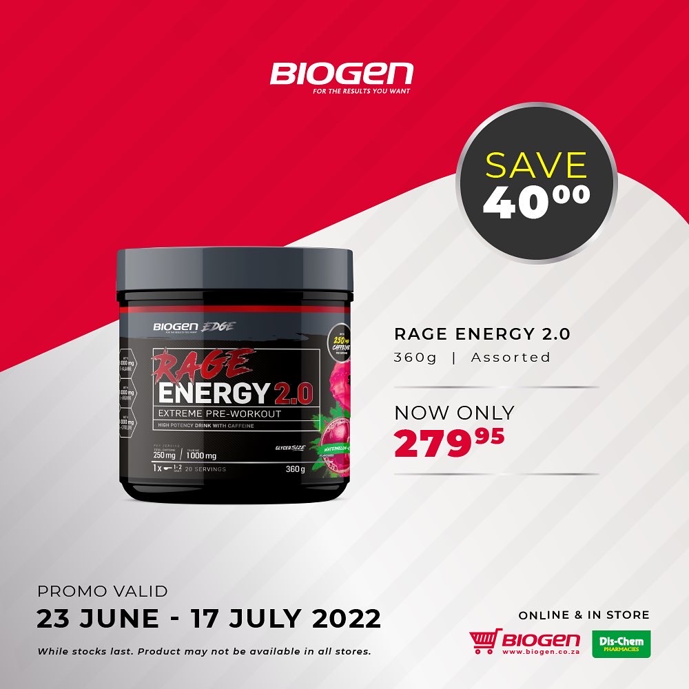 BiogenSA's tweet photo. Unleash your BEST with our #biogenrage performance series 🏆💪
ON SALE: Until 17 July
💥 ENERGY 2.0 - Save R40
💥 TESTO – 120’S - Save R40
💥 AMINO 12:1:1 - Save R40
💥 ULTRA MASS – 4KG - Save R80
🛒 @Dischem @Dischem_LiveFit
#beyourbest #biogenrage https://t.co/AfMqDHOUJt