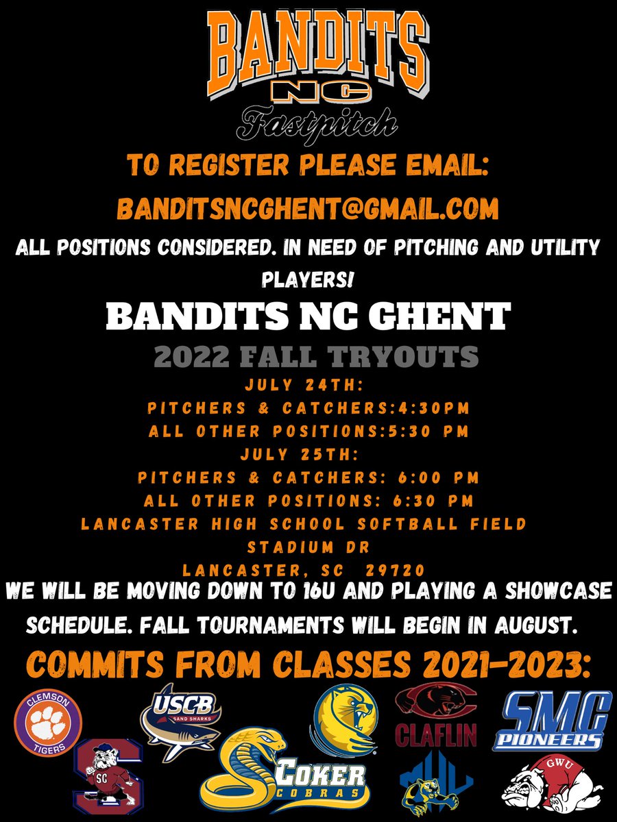 It’s not too late to register for tryouts! Pitchers and utility players needed, but all positions are considered! Email: banditsncghent@gmail.com to register!
The goal of the team is to help players grow athletically, mentally, and support them with the recruiting process!