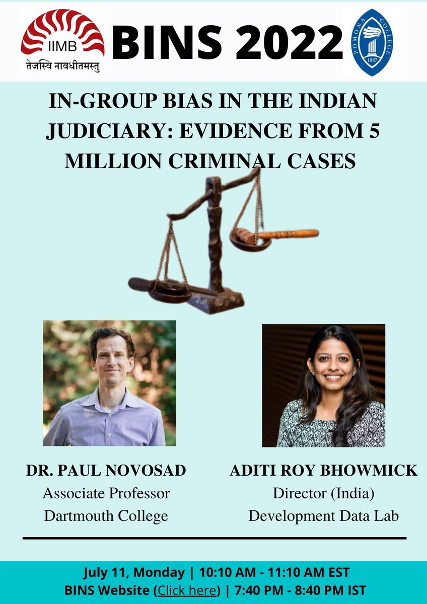 Aditi Roy Bhowmick and Paul Novosad speaks about their research in 10 minutes on 'In-Group Bias in the Indian Judiciary: Evidence from Five Million Criminal Cases', do join us.

Please register: forms.gle/3KcskXiKWpeTfJ…

#EconConf #EconC4P #diversityinbusiness #EconTwitter