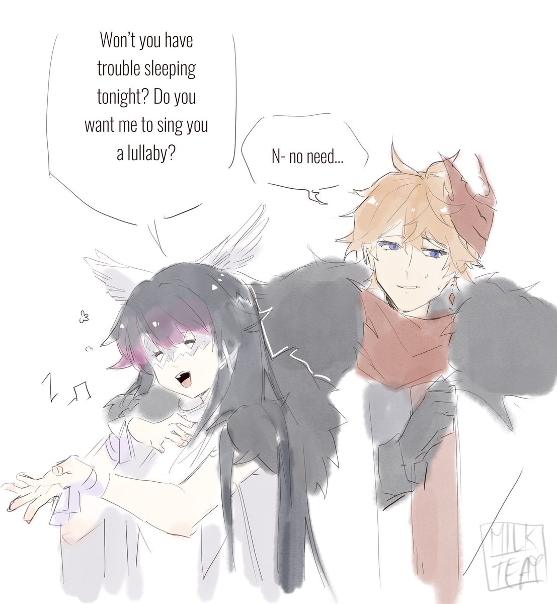 MilkTea543's tweet photo. You can’t tell me that they don’t baby Childe patronisingly at any given opportunity 

#fatuiharbingers #childe #tartaglia https://t.co/lTfY71wkWn