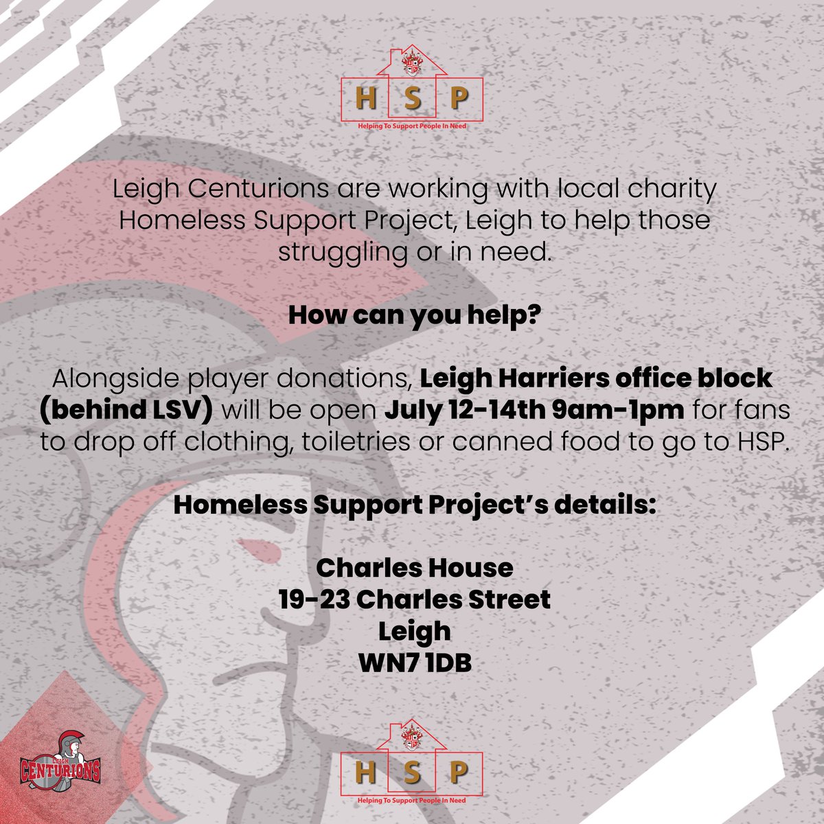 🤝 ICYMI. We are working together with <a href="/HomelessLeigh/">HSP-Helping Support People</a> to try and help those struggling or in need.

We are asking any fans who are looking to make a contribution to head to Leigh Harriers office block between 9am-1pm from July 12-14th.

See more details below! 👇

#Leythers 🔴