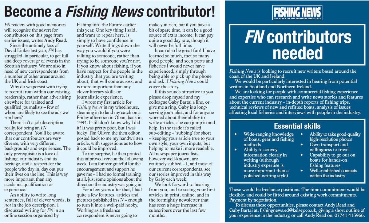 If you love our industry, and have some spare time, have you considered writing for Fishing News? With such a diverse industry, spread across the British Isles, there is so much to report on! Enthusiasm more important than experience. See below for details. <a href="/YourFishingNews/">Fishing News</a>