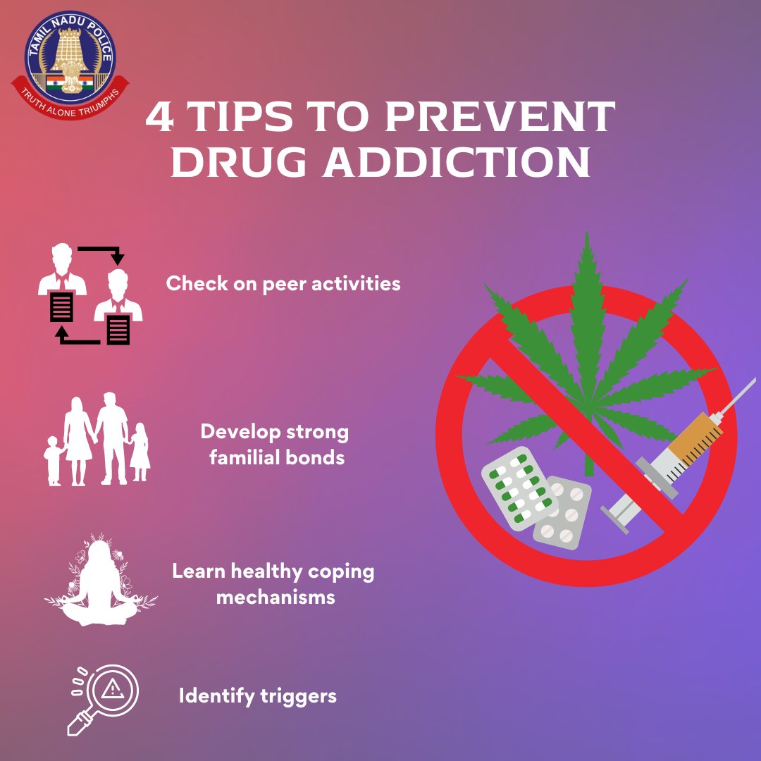 4 tips to prevent drug addiction.

#drugfreeworld #drugfreeindia #drugfree #drugfreesociety #drugs #drugaddiction #saynotodrugs #jointcommissionerpolicenorthzone
#tamilnadupolice #tnpolice