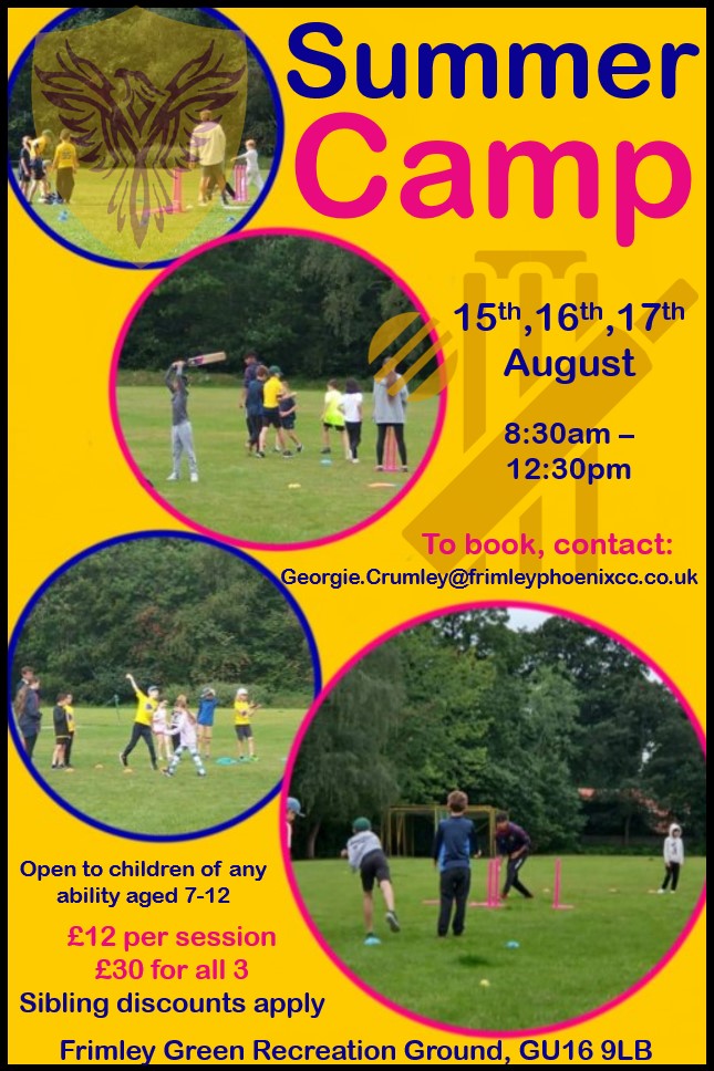🔥Once again, we are running our cricket Summer Camp for children aged 7-12 on the 15th, 16th, 17th August at Frimley Green Rec!🔥 Contact Georgie.Crumley@frimleyphoenixcc.co.uk to book a place! 
#cricket #youthcricket #surrey #frimley