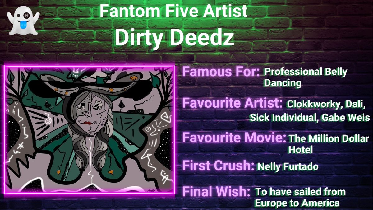 The last of our #FantomFive artist profiles is here as <a href="/dirty_deedz47/">Daniel Moody</a> answers the 5⃣Qs
He deals a dirty handshake to <a href="/FelipeUrteaga/">SICKINDIVIDUAL</a> <a href="/GabrielJWeis/">Gabe Weis</a> &amp; our very own F5 artist, the always on time <a href="/clokkworky/">clokkworky</a> 💙
Mint a <a href="/FtmMagicAcademy/">Fantom Academy of Magic (MINT LIVE)</a> b4 Friday for a chance to WIN 
(See Pinned Tweet)