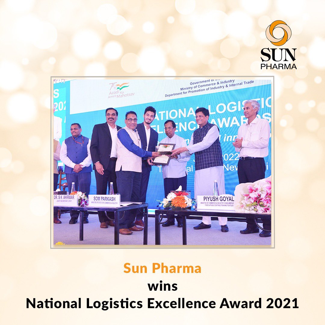 SunPharma_Live's tweet photo. Honoured to have won the National Logistics Excellence Award 2021 for excellence &amp; innovation in logistics. Instituted by the Ministry of Commerce &amp; Industry, Govt. of India, the award acknowledges companies who have been able to display innovation, diversity &amp; efficiency. https://t.co/Yx48VXyRZg