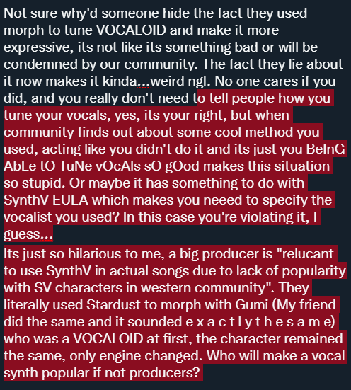 tiredpcholka's tweet photo. Not sure why'd someone hide the fact they used morph to tune VOCALOID and make it more expressive, its not like its something bad or will be condemned by our community. The fact they lie about it now makes it kinda...weird ngl. No one cares if you did, and you really don't need.. https://t.co/AGy7Bj1zLm