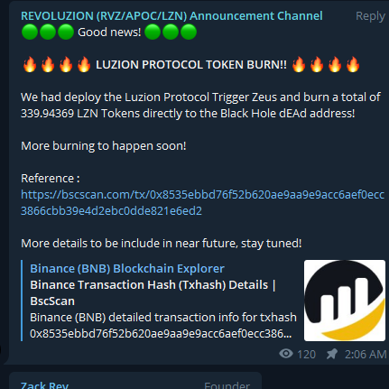 RevoluzionEco's tweet photo. 🔥🔥 LUZION PROTOCOL TOKEN BURN!! 🔥🔥

Luzion Protocol Trigger Zeus and burn a total of 339.94369 LZN Tokens directly to the Black Hole Dead address! More burning to happen soon!

Full announcement: https://t.co/oV5Pxz3Z7A

#lzn #luzion #apy #tokenburn #defi #bsc #bnb https://t.co/gi1TeyDLxf