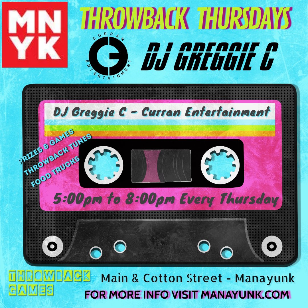 DJGreggieC's tweet image. Join me This Thursday from 5pm to 8pm at Main &amp;amp; Cotton St. in Manayunk for Strolling the street. This Month is Throwback Thursdays. We will have games, trivia, food trucks, and vendors. Stop by and say Hi. #peaveydj #djgreggiec #manayunk #senatedjs #curranentertainment #phillydj