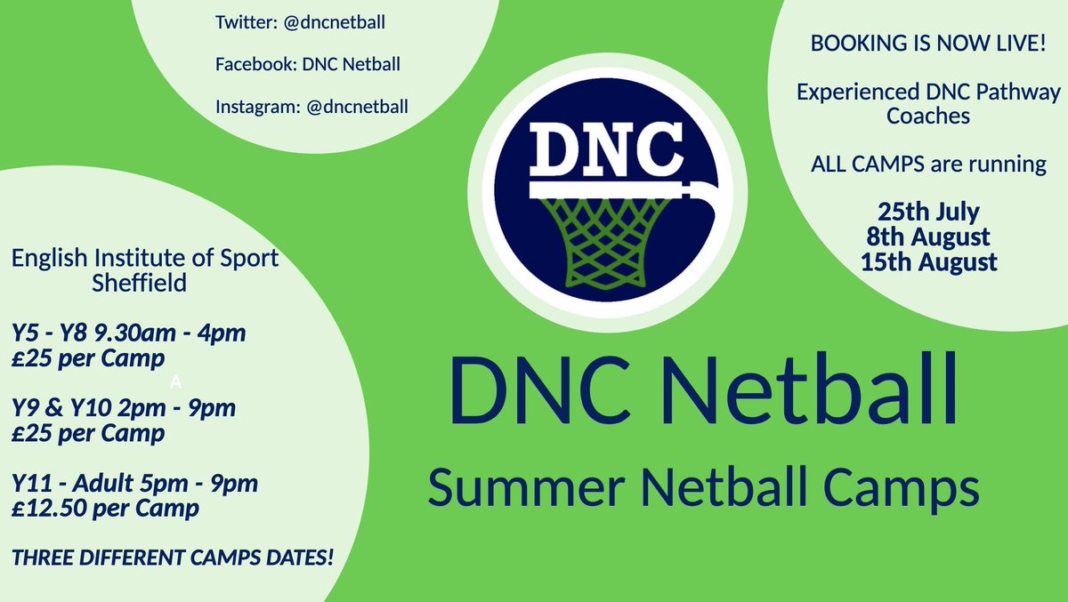 dncnetball's tweet photo. ๐๐Join us on DNC Netball Camp at the English Institute of Sport this Summer.
We offer Camps from Y5 to Adults.
25th July, 8th August and 15th August.
See the flyer for timings and prices and our previous tweet for the booking form !
#DNCNetball #NetballCamp #SunmerNetball https://t.co/pdWCS0wP43