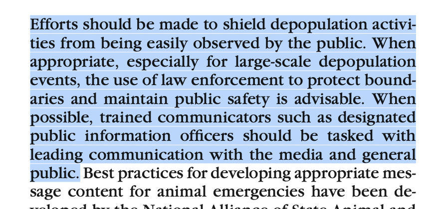 This is a revealing passage in the Bovine section of the AVMA’s Guidelines on Depopulation. It exposes the industry's opposition to public transparency and dissent regarding animal agriculture practices. #onehealth <a href="/VetsAgainstVSD/">VAVSD.org</a> #vetmed #vettwitter #vetstudent #veterinarian