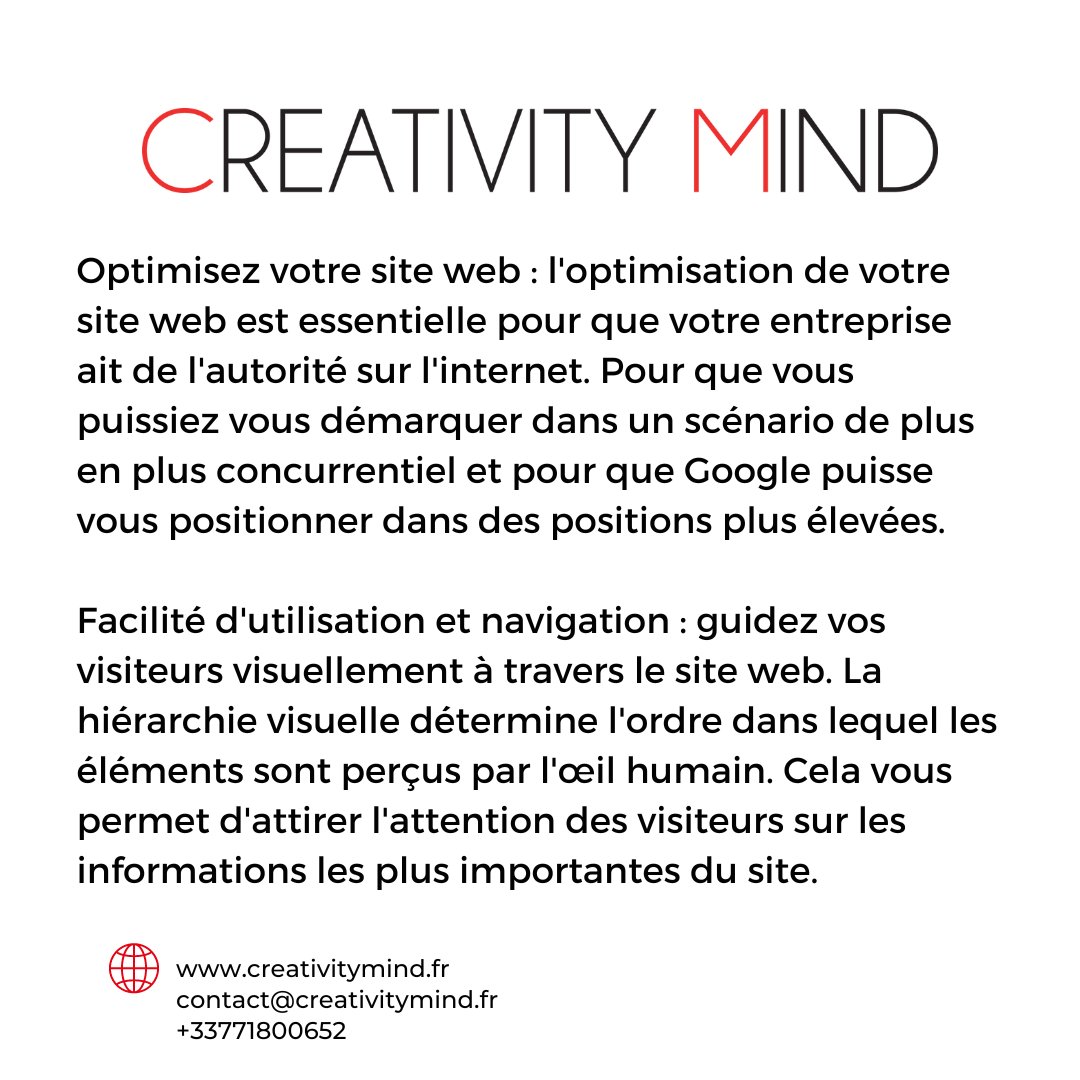 Découvrez les secrets d'un site web réussi !
Voici quelques conseils sur la manière d'améliorer votre site web. Si vous avez besoin d'aide pour votre site web, n'hésitez pas à nous contacter.
creativitymind.fr
contact@creativitymind.fr
#marketingdigital #agenceweb #website