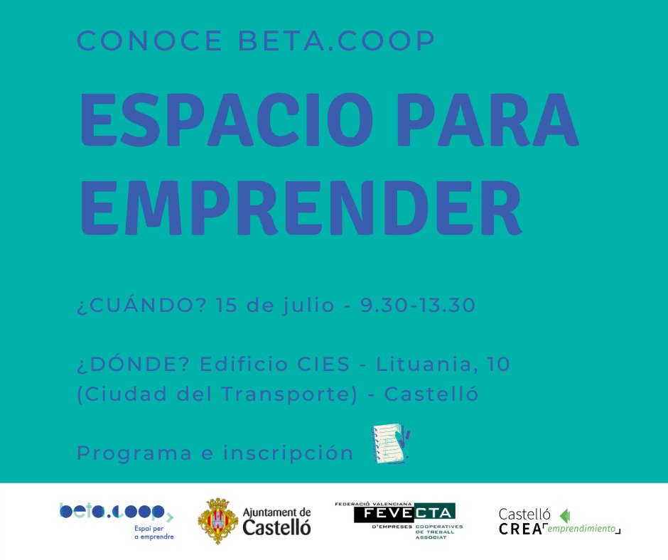 <a href="/Beta_Coop/">Betacoop</a>, Cooperativa d'iniciatives emprenedores de #castelló, celebrem el nostre 5é aniversari 🎂🎉

I ho celebrarem convidant a les persones amb inquietuds emprenedores a una jornada de portes obertes, conferències i un café networking

Inscripció 👇
bit.ly/3O2B5HX