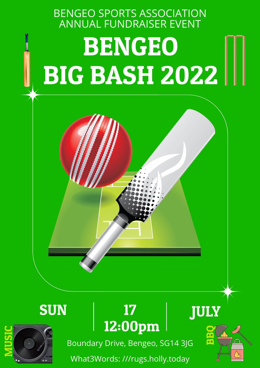 BengeoCC's tweet photo. SUNDAY - BENGEO BIG BASH 2022

Please come down and show your support for the Club &amp; Sports Association. Bar open all day, BBQ &amp; DJ!! This is our major fundraising event for the club. There's also some cricket on apparently! #Bengeo #Hertford #Hertfordshire #CricketTwitter https://t.co/pll5X996H7