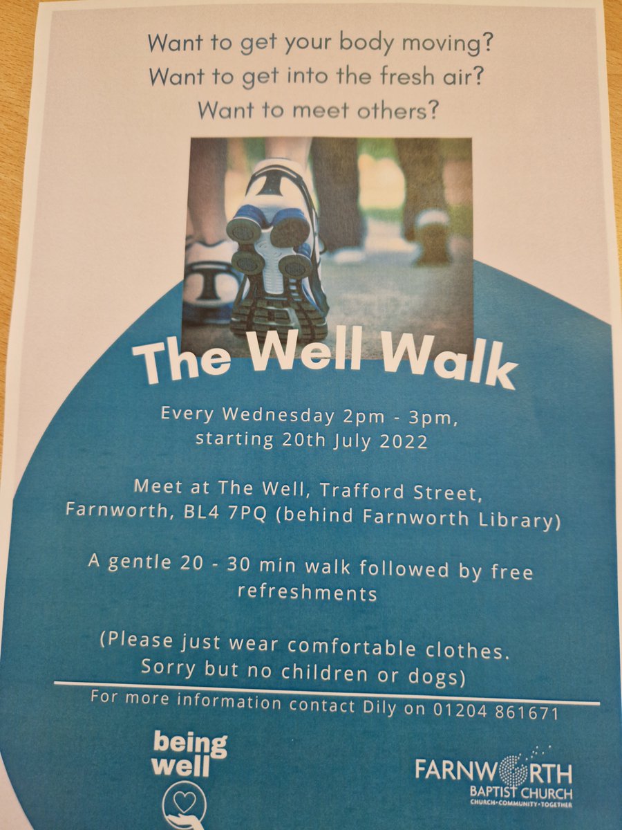 BoltonHelp's tweet photo. The first of some new Wellbeing Activities being arranged by The Well in Farnworth. 
Join them for a gentle walk every Wednesday between 2pm and 3pm, followed by free refreshment.  
The first walk will be 20th July - a great way to get moving and to meet people! https://t.co/GCdYBdRsFS