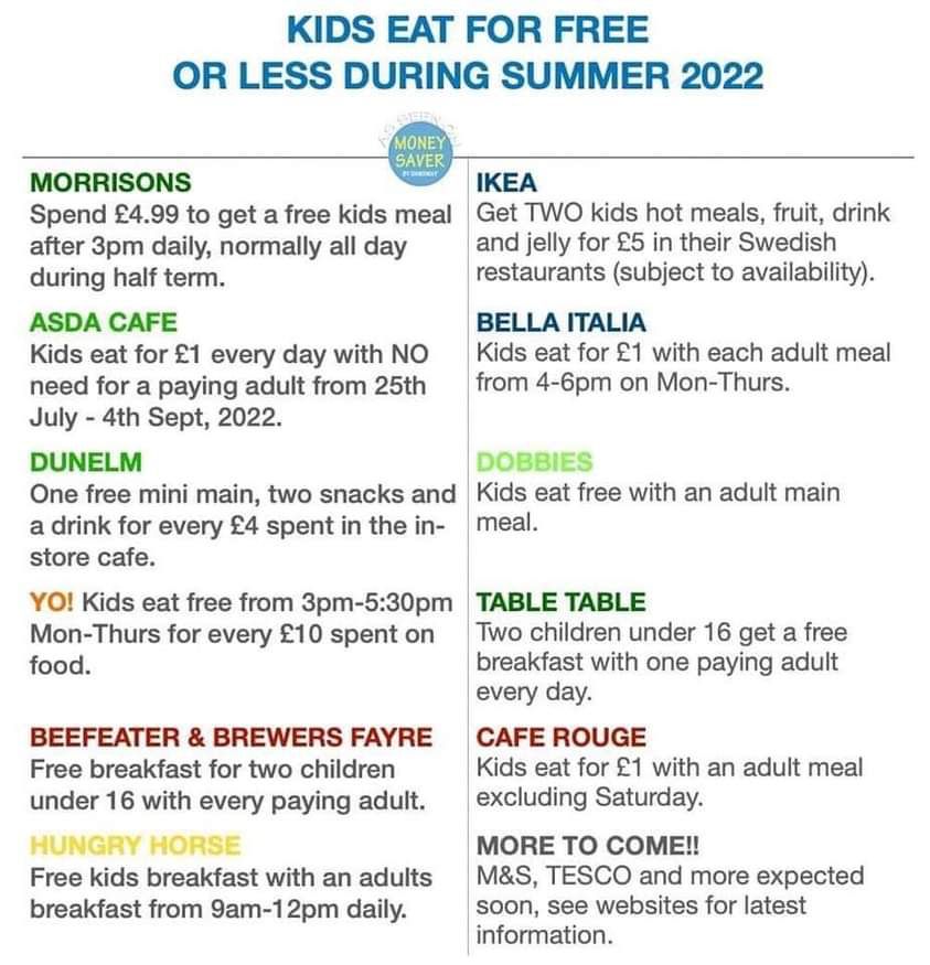 🚸 | With the tough summer ahead for some families with kids, here’s a few ways to save money across some Supermarkets/restaurants in the next few months! Please share if you can 🫶🏽