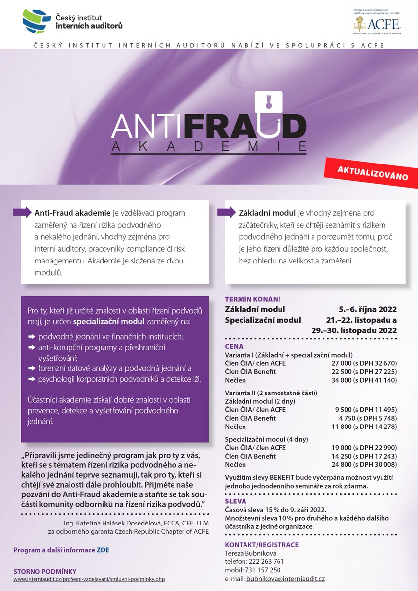 IIACzech's tweet image. AntiFraud akademie - ve spolupráci s ACFE.
Aktualizovaná, komplexní a nabitá tématy. Přihlašování a více informací: interniaudit.cz/profesni-vzdel…