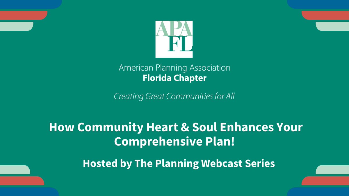 APAFlorida's tweet photo. Free. 1.5 CM. Join the @PlanningWebcast for the webinar, How Community Heart &amp; Soul Enhances Your Comprehensive Plan. July 15, 1:00-2:30 PM EDT. 

Register online: https://t.co/1PV16CYNhM

#PlanFlorida https://t.co/UOGZMofnt4