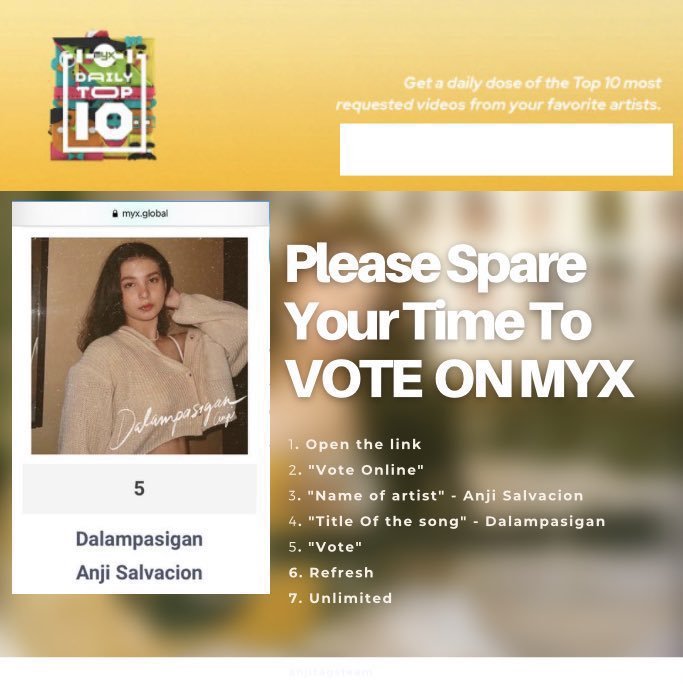 anjitagsteam's tweet photo. "Dalampasigan" is at number 5 on Myx Global Pinoy Countdown. please  vote. This is different from Daily top 10.

📌 https://t.co/UX0SI5Zhel

Anji Salvacion 
#AnjiSalvacion || @anjisalvacion https://t.co/ziNvCzxaBA
