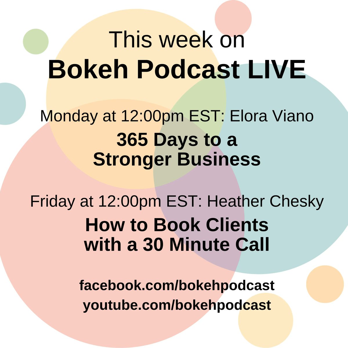 We've got two amazing live streams this week! ✨ Tune in today at 12pm EST as we chat with Elora Viano about how her 365 Project put her in a position to create a strong business! Fri at 12pm EST we will be talking with Heather Chesky about how to book clients with a 30 min call!