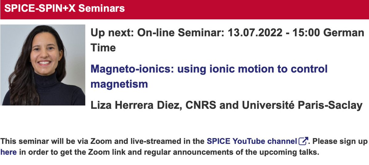 SPICE_Mainz's tweet image. Talk on Wed. at 15:00, July 13th, by Liza Herrera Diez at the @SPICE_Mainz - @spin_plus_x seminars - Magneto-ionics: using ionic motion to control magnetism -spice.uni-mainz.de/2022/05/11/on-… by Zoom-Webinar or live on #SPICEYouTube
