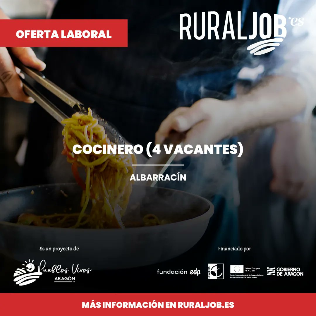 ruraljobES's tweet photo. 🔝 OFERTA LABORAL 🔝
✅ COCINEROS (4 VACANTES).
✅ Misión del Puesto: Gestión y organización de la cocina.
✅ Dónde: Albarracín, Sierra de Albarracín, Teruel.
Más información en: https://t.co/iCtZhplApD https://t.co/yFpdoAqAvl