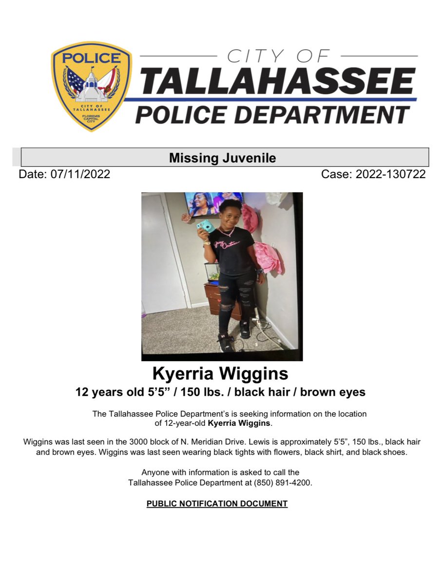 Please share to help locate this missing juvenile. If you have information regarding Kyerria’s whereabouts, please call TPD at 850-891-4200.