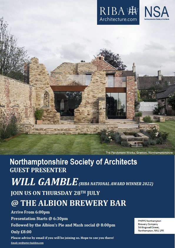 RIBA_Northants's tweet photo. Join us on Thursday 28th July @PhippsNBC for the next NSA evening with Will Gamble Architects presenting their RIBA National Award winning Parchment Works project. Contact us for further info and booking. https://t.co/6SyfmHYHKG