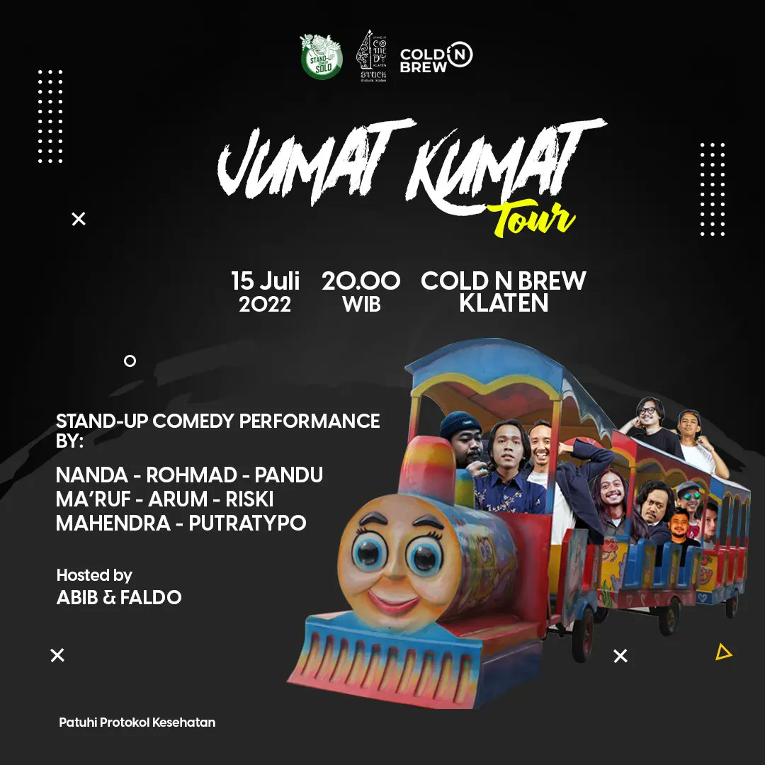 Perhentian #JumatKumat Tour selanjutnya: <a href="/ColdnBrew/">Cold 'n Brew</a> Klaten. 🔝

Kami juga menghadirkan komika-komika dari <a href="/Stuck_klaten/">Stand Up Comedy Klaten</a> untuk turut serta memeriahkan acara ini.

Ayo ajak teman-temanmu untuk turut bertandang menikmati suguhan komedi dengan seduhan kopi dari <a href="/ColdnBrew/">Cold 'n Brew</a>! 💯