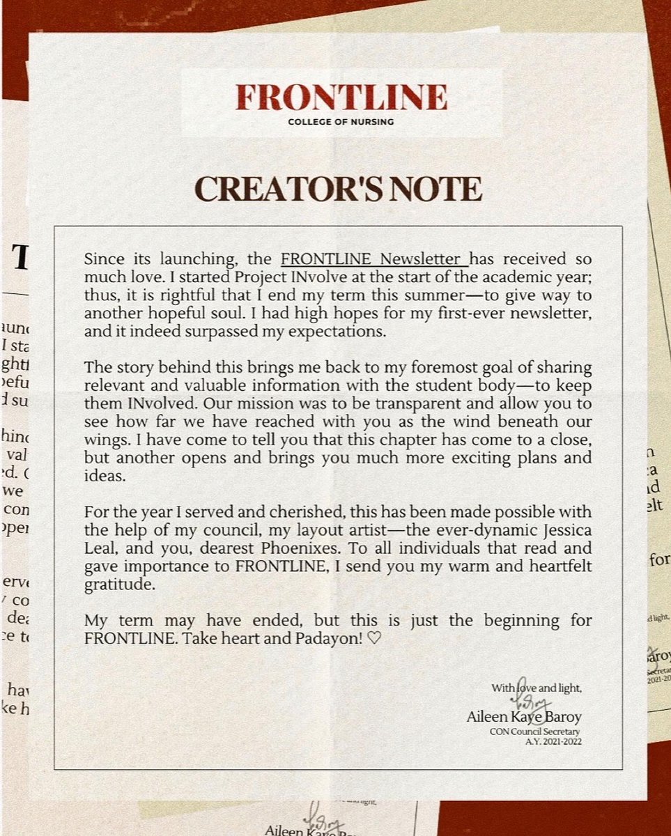 usls_nsg's tweet photo. Flashback to August 2021 when we first introduced to you our Nursing Newsletter, the FRONTLINE—such a great start to a spectacular year! Thank you for this opportunity, Dear Phoenixes! ❤️ Till next time! 

#BeINvolved 

Caption and Content by Aileen Baroy 
Layout by Jessica Leal https://t.co/ShCwV8xgEd
