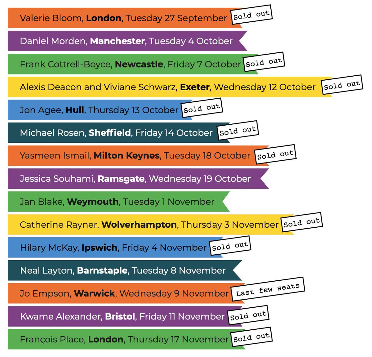 ChildrensBkShow's tweet photo. the 20th anniversary of the @ChildrensBkShow tour is almost sold out!

If you haven't got a ticket yet, look below to see where you can join in

tickets are still going for shows from beloved authors
@HOME_mcr
@QueensBstaple
@slcMain 

tickets here: https://t.co/xAQXdmFbFL https://t.co/DckKaKKg0t