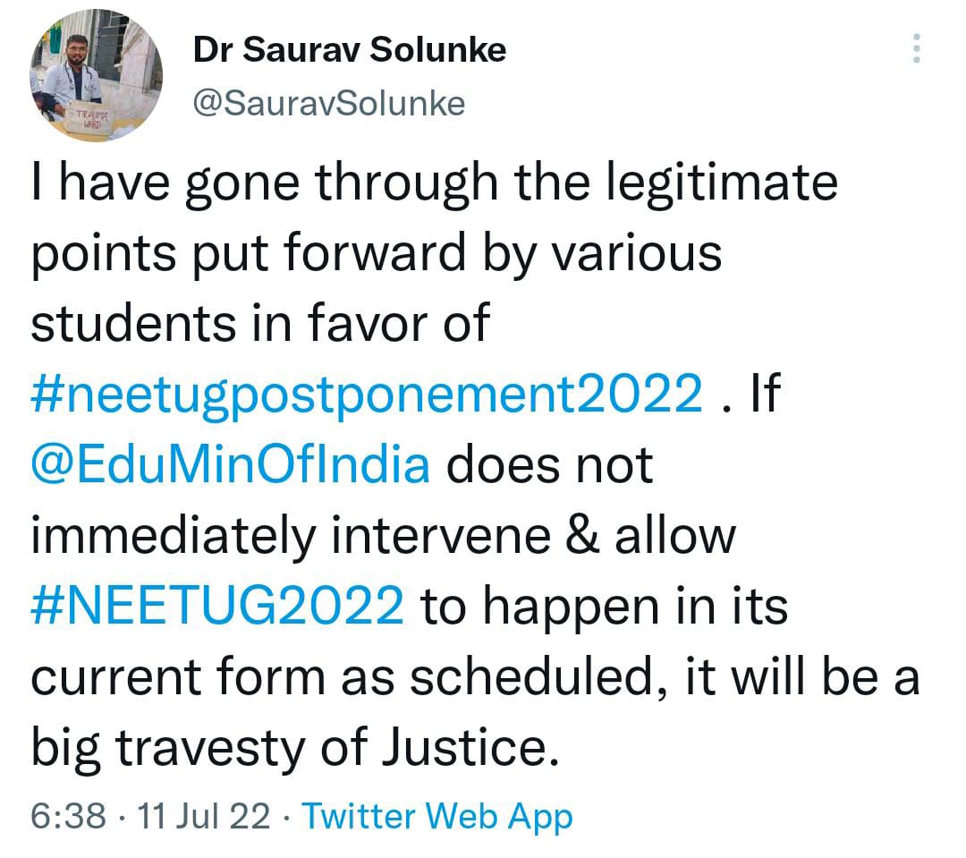 AnkitArvi4's tweet photo. Declare your final decision by today🙏
A serious appeal to you.
Mr @dpradhanbjp @OfficeDp @EduMinOfIndia 
Please give relief to lakhs of NEET ASPIRANTS.
The mental tension is unbearable now for us.
Our demand of postponing exam till Mid August is totally legitimate!
#NEETUG2022 https://t.co/BiL9xuRW1x