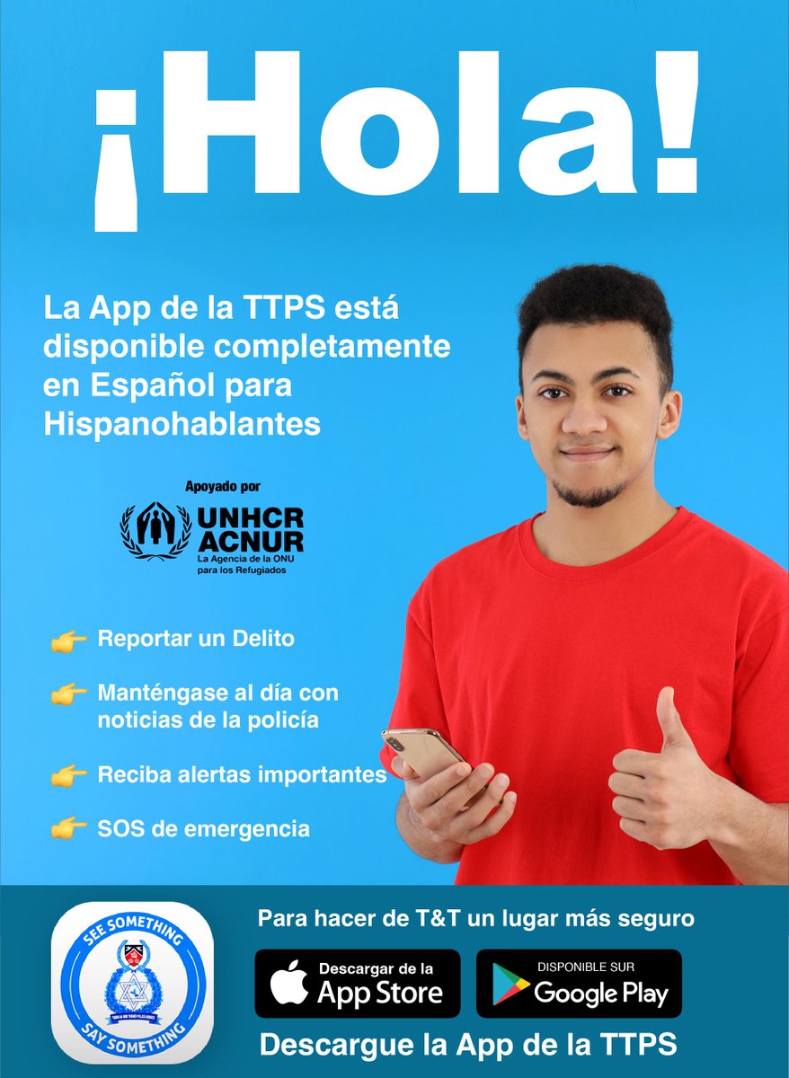 TTPoliceService's tweet photo. The TTPS App is now available completely in Spanish for Spanish speakers to report crimes or get assistance from the police in times of need.
Download the TTPS App today!
#SeeSomethingSaySomething #TTPSApp #myTTPS https://t.co/t3MV3OGBZd