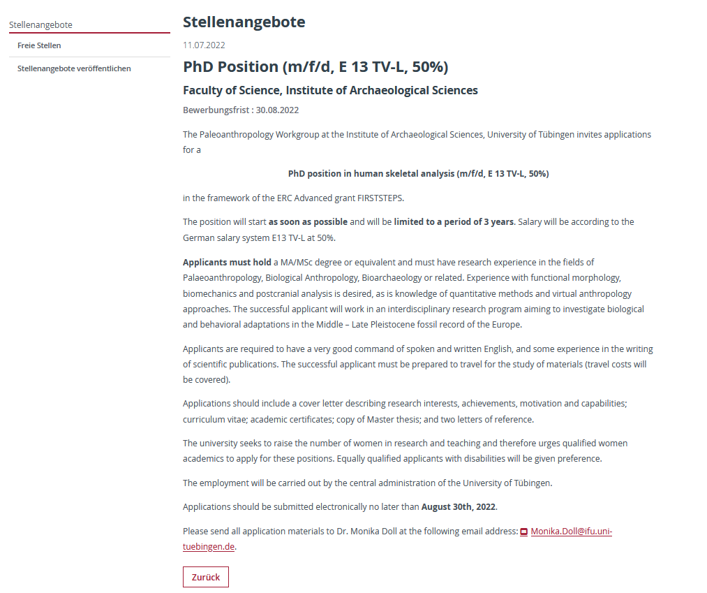 💥 Join our team 💥
Exciting PhD opportunity in human skeletal analysis in the framework of the ERC advanced grant FIRSTSTEPS.
Application deadline: August 30, 2022. Apply now! 😎
uni-tuebingen.de/universitaet/s…