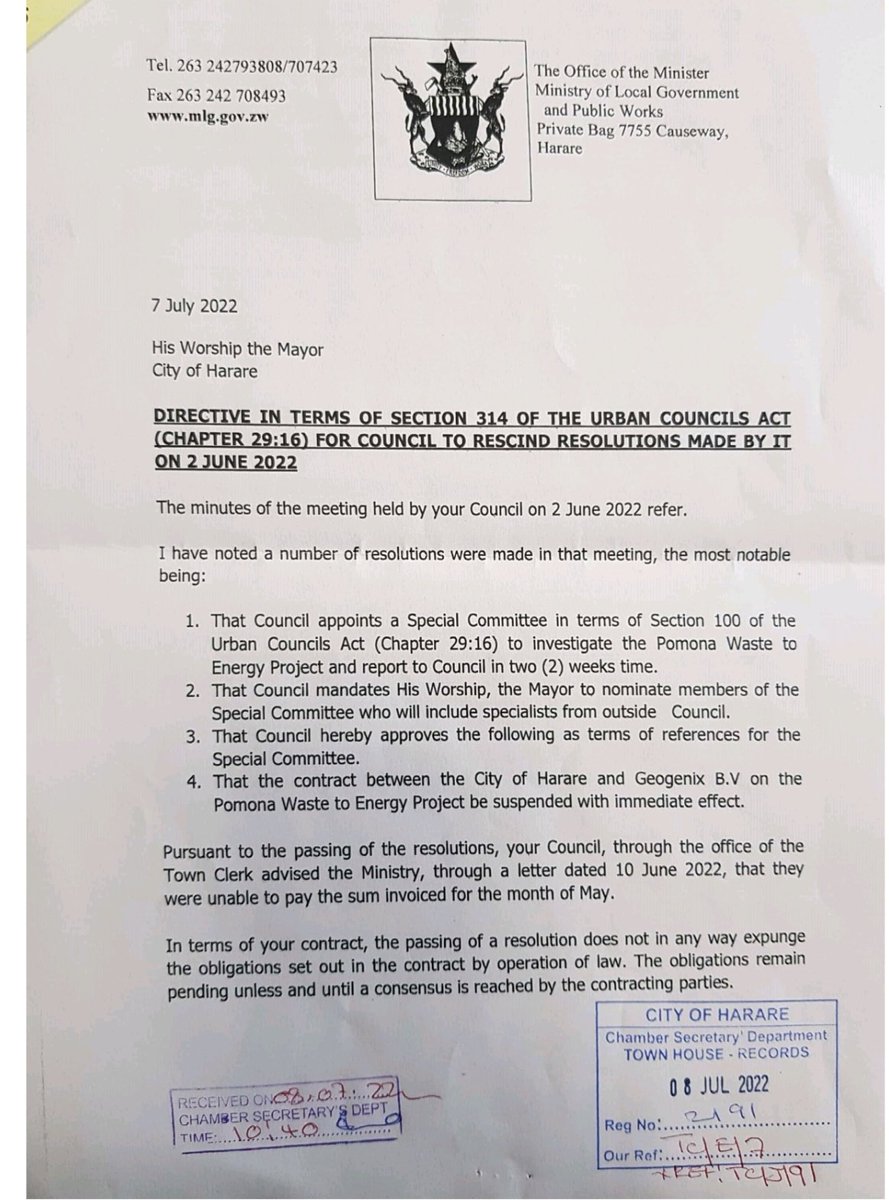 HStvNews's tweet image. Minister July Moyo orders @JMafume to pay Geogenix and to rescind all resolutions affecting the Pomona deal.