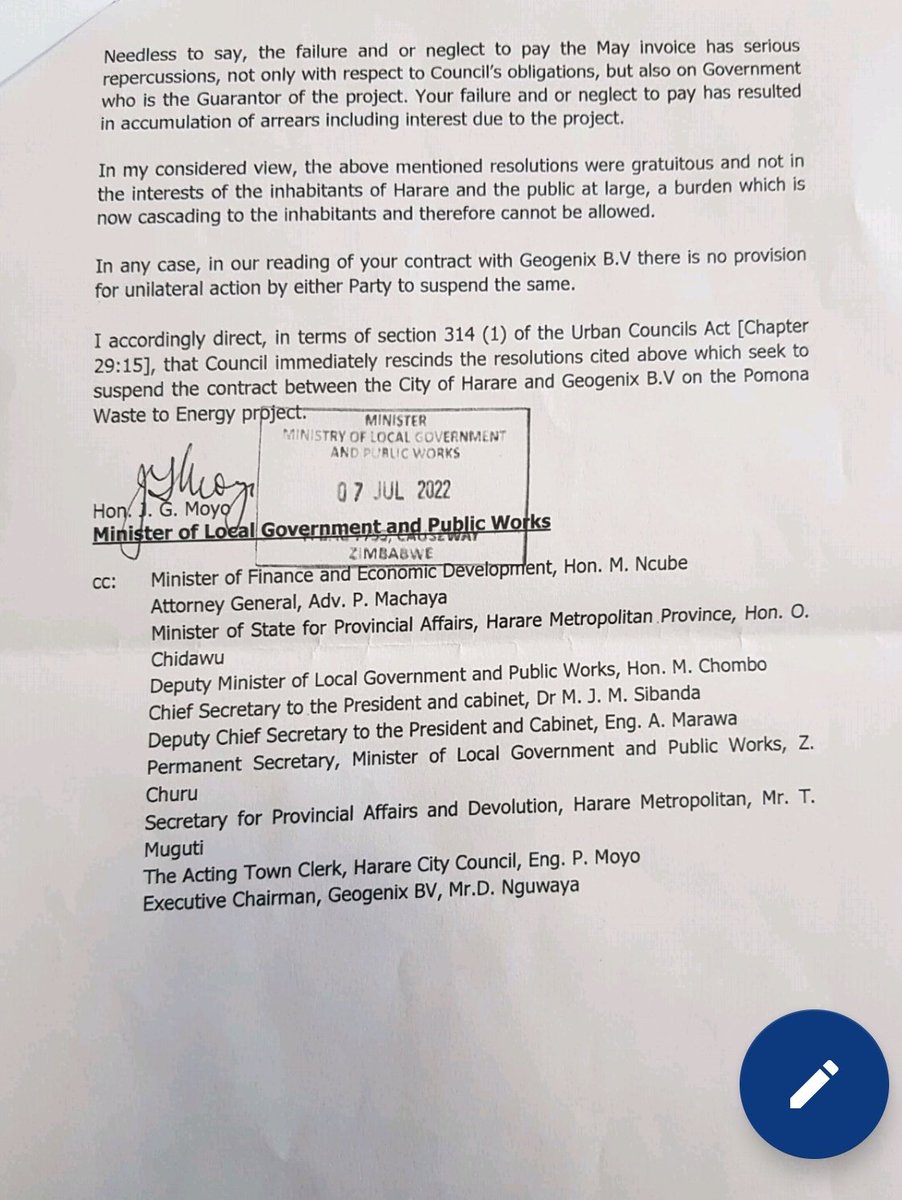 HStvNews's tweet image. Minister July Moyo orders @JMafume to pay Geogenix and to rescind all resolutions affecting the Pomona deal.