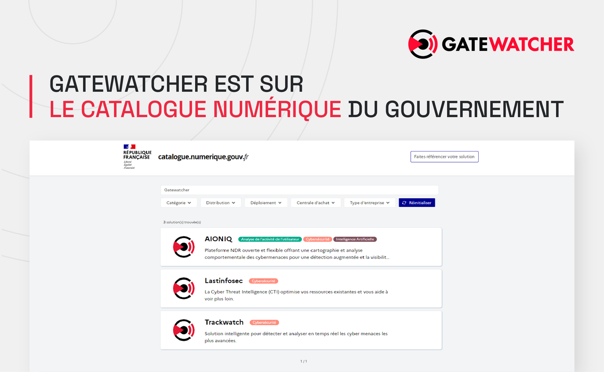 GATEW4TCHER's tweet photo. Preuve de la forte valeur ajoutée et confiance apportée par Gatewatcher, le catalogue #numérique du Gouvernement recense trois de nos produits : #AIONIQ ; #LastInfoSec et #TrackWatch.
Envie d’en savoir plus ? 😉 Retrouvez nos solutions sur https://t.co/uq8lzNIgts https://t.co/uszDTRjvZ9