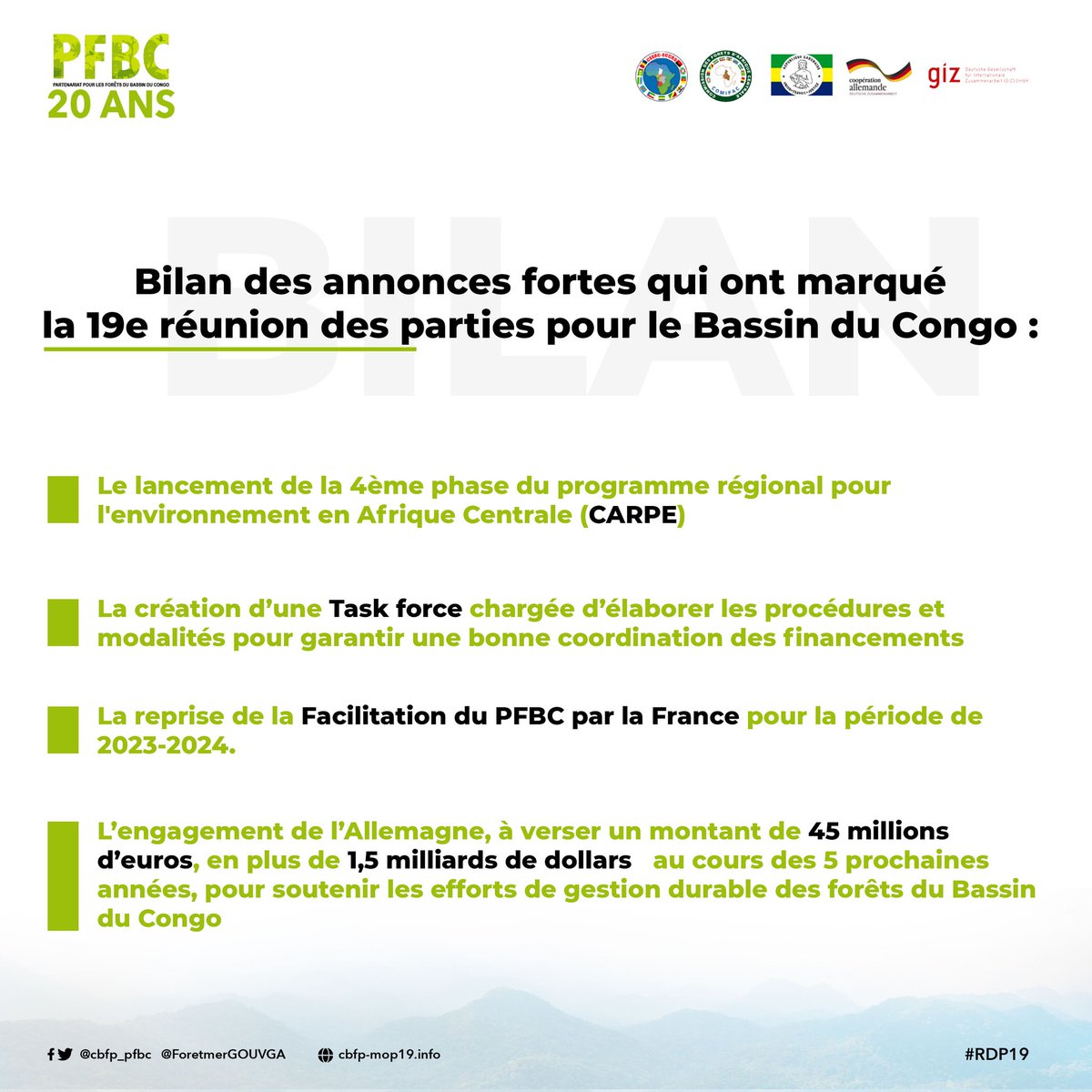 ForetmerGOUVGA's tweet photo. En infographie, quelques décisions fortes prises lors de la 19e réunion des parties pour les forêts🌳 du bassin du Congo.
#RDP19 https://t.co/Ld2l4oVozP