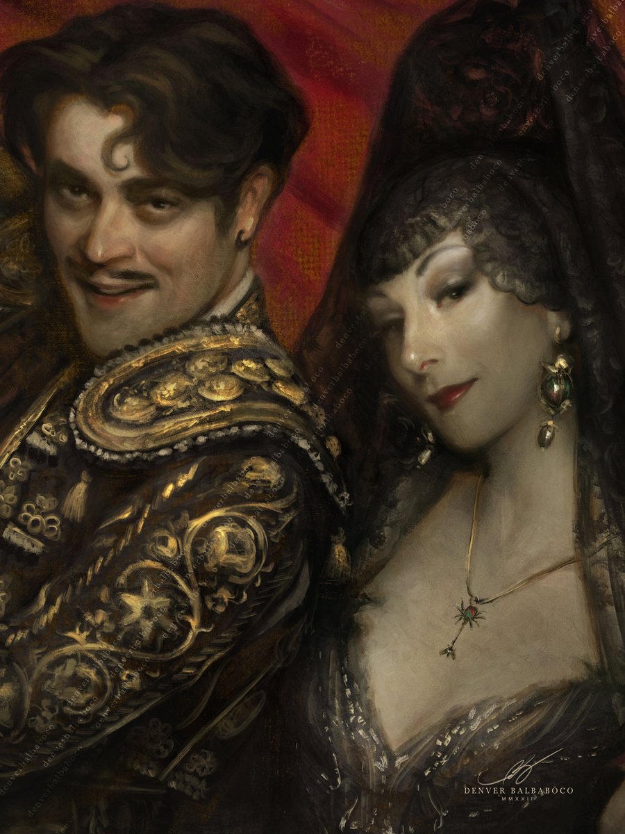 demboiii's tweet image. Painted the unholy union of Gomez and Morticia Addams dressed in Castilian fashion while riding Kitty, their pet lion. Loosely based on the painting seen on the 2019 movie, The Addams Family.

#TheAddamsFamily 
#GomezAddams
#MorticiaAddams 

--
linktr.ee/denverbalbaboco