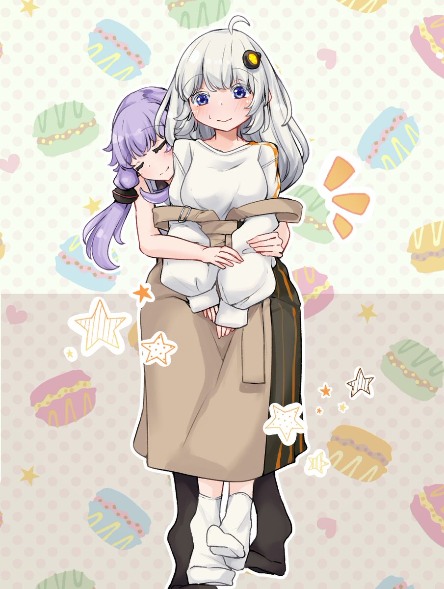 kizuna akari ,yuzuki yukari multiple girls 2girls purple hair star (symbol) hug from behind hair ornament white shirt  illustration images